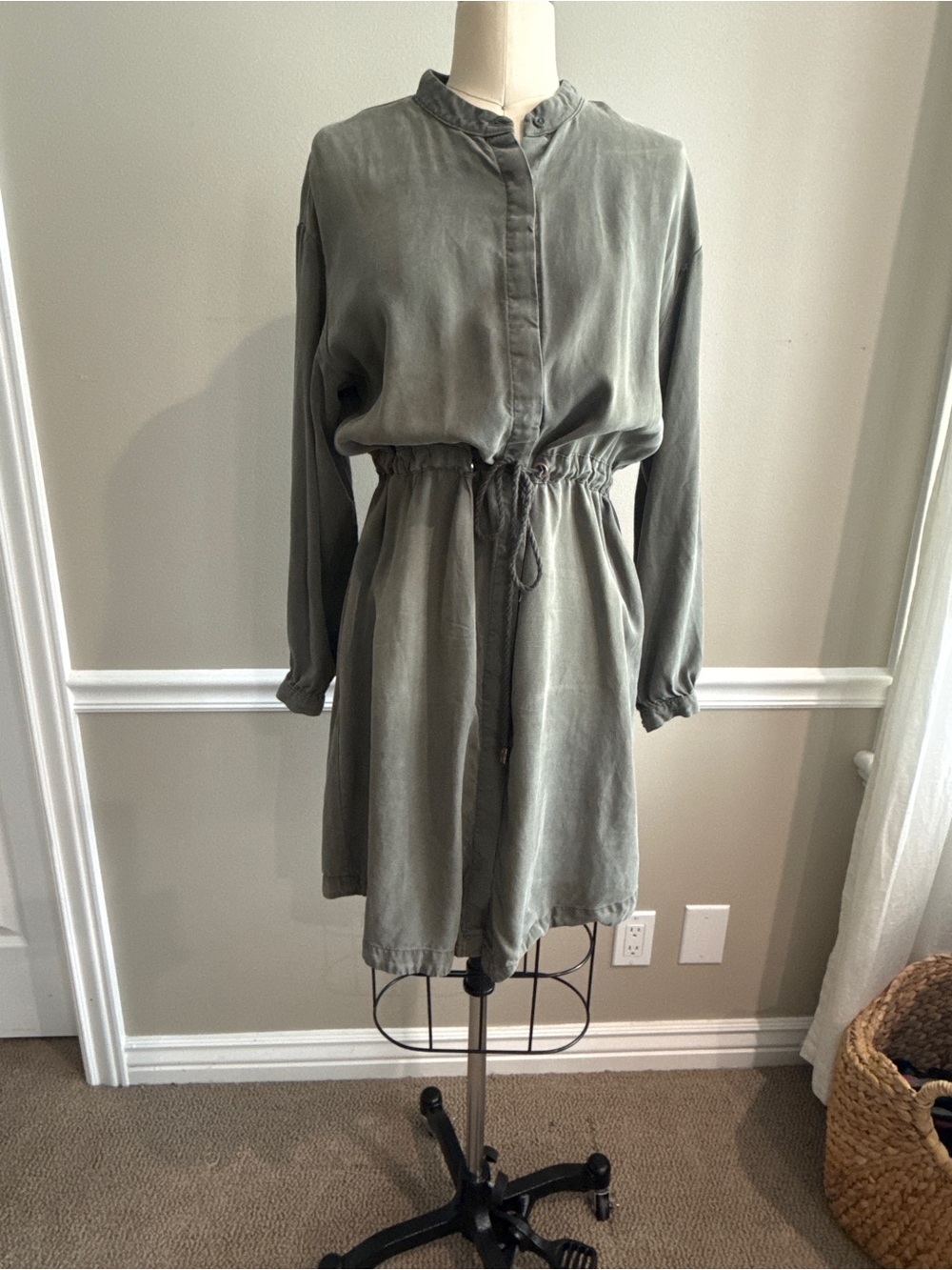 a new day Olive Green Long Sleeve Drawstring Shirt Dress